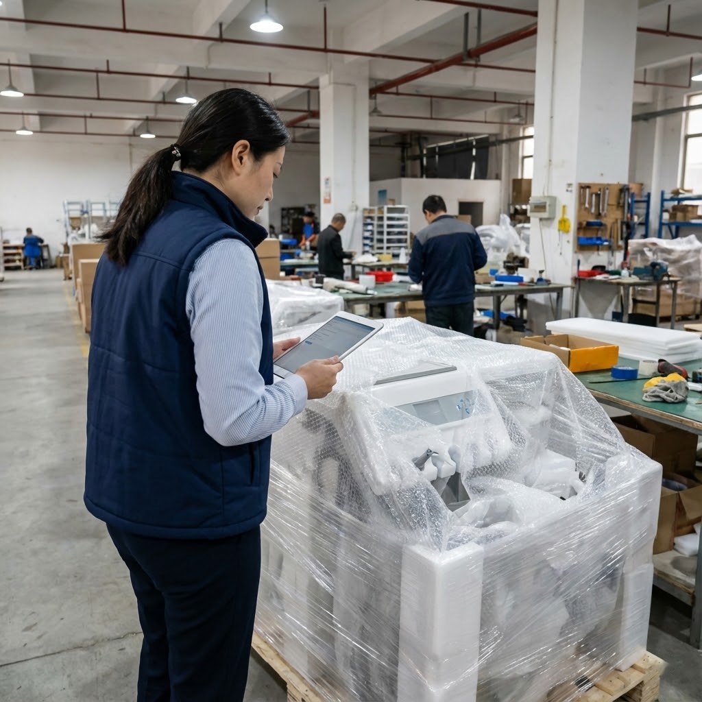 Pre-shipment inspection finding Dental equipment wrapped in bubble wrap without cardboard boxes, highlighting the value of on-site supply chain management.
