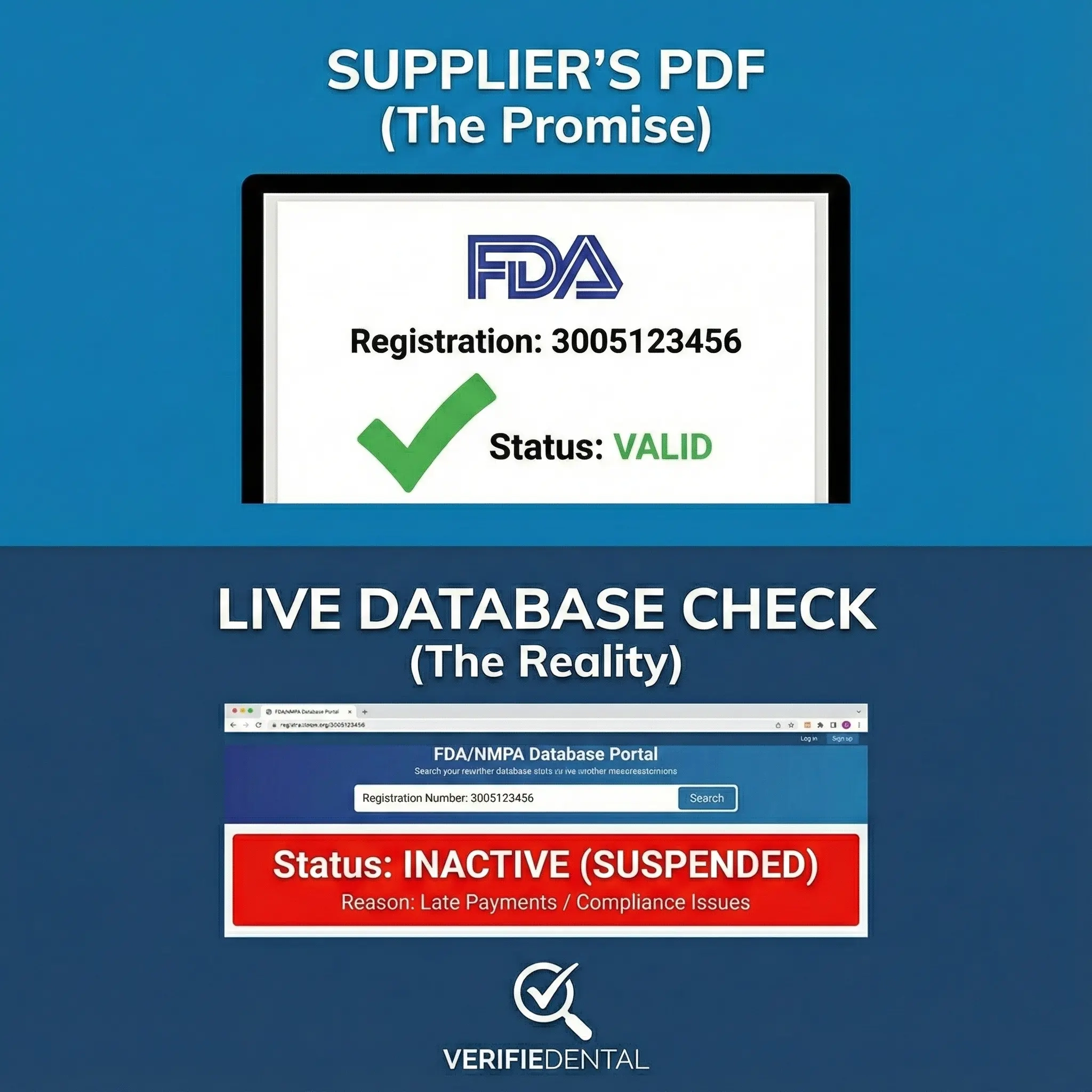 The FDA number lookedvalid, but the status wasInactive