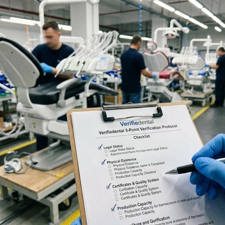 Verifiedental auditor holds a completed 5-Point Verification Protocol checklist inside a busy Chinese dental chair manufacturing factory.