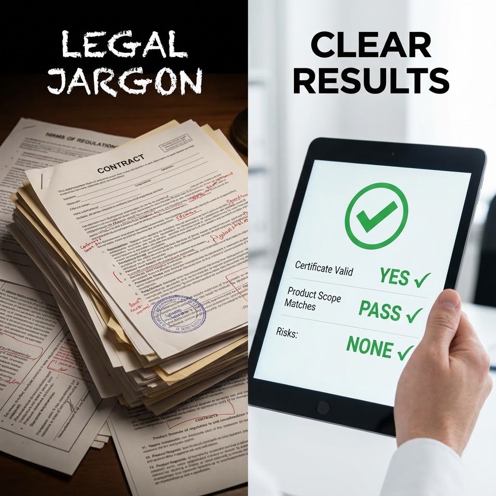 Visual contrast A messy stack of contracts labeled Legal Jargon versus a tablet displaying a simple Clear Results checklist with green checkmarks for certificate validation.