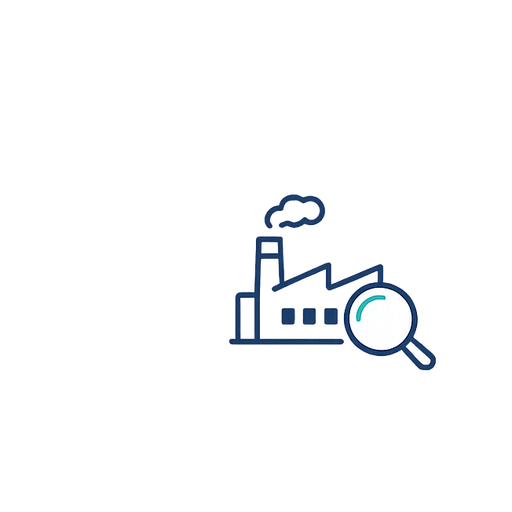 Factory and magnifying glass icon for dental supplier verification